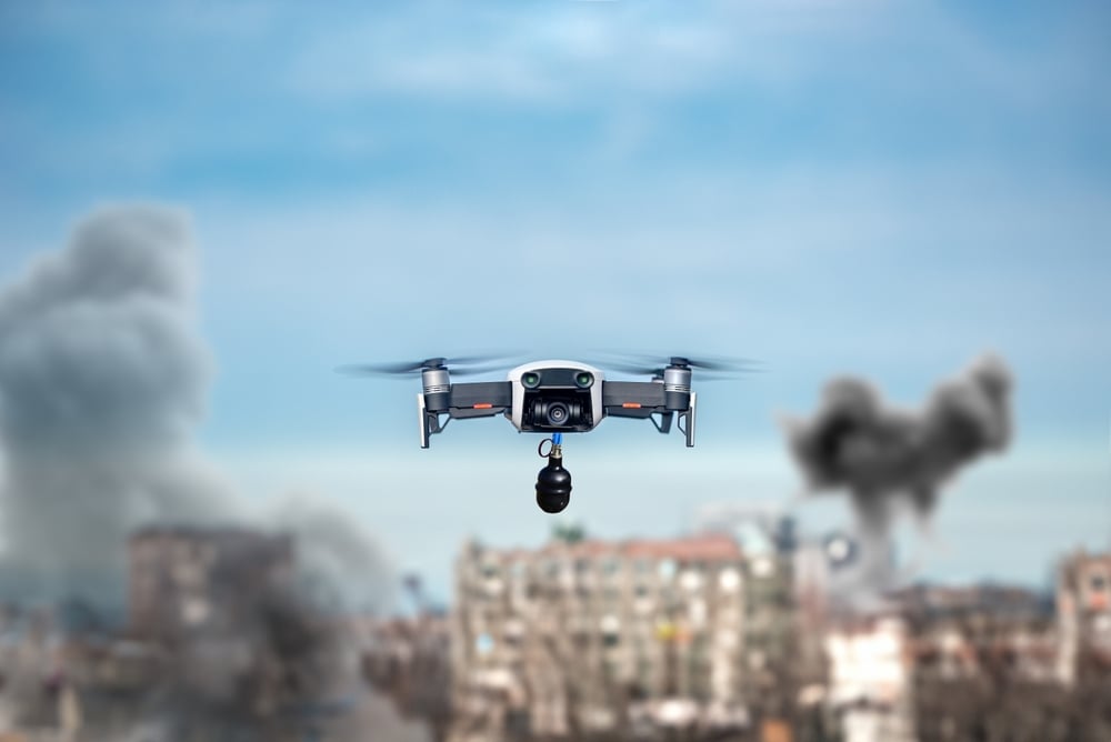 Drone over war-torn city